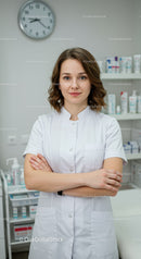 Confident Female Pharmacist Standing in Modern Pharmacy