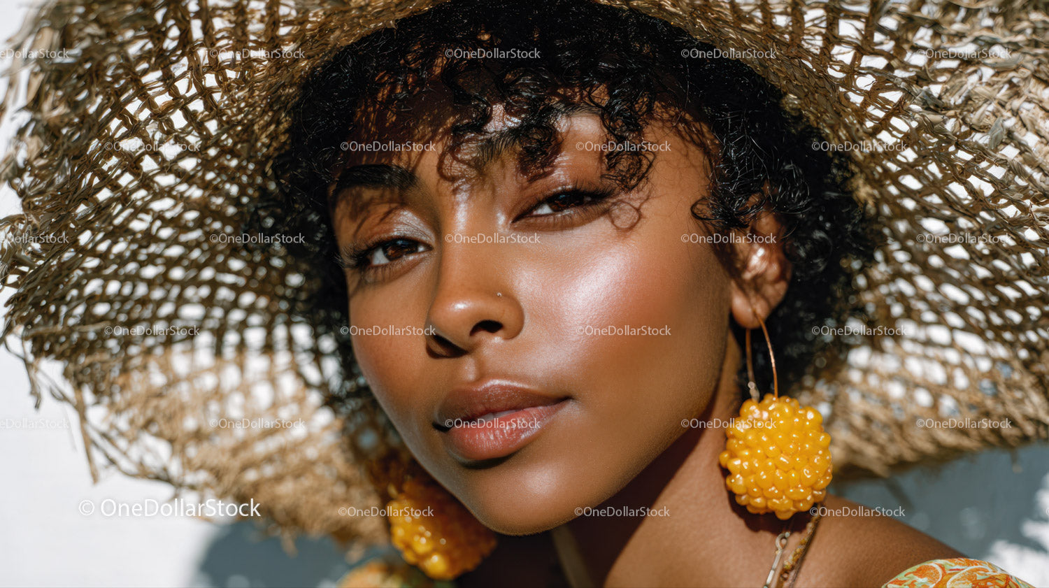 Elegant Woman Wearing Wide Brim Straw Hat with Summertime Style