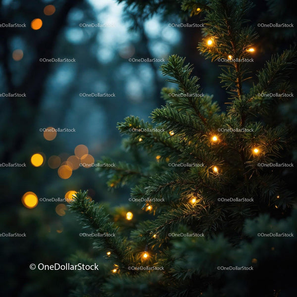 Close-up of Pine Tree Branch with Warm Christmas Lights