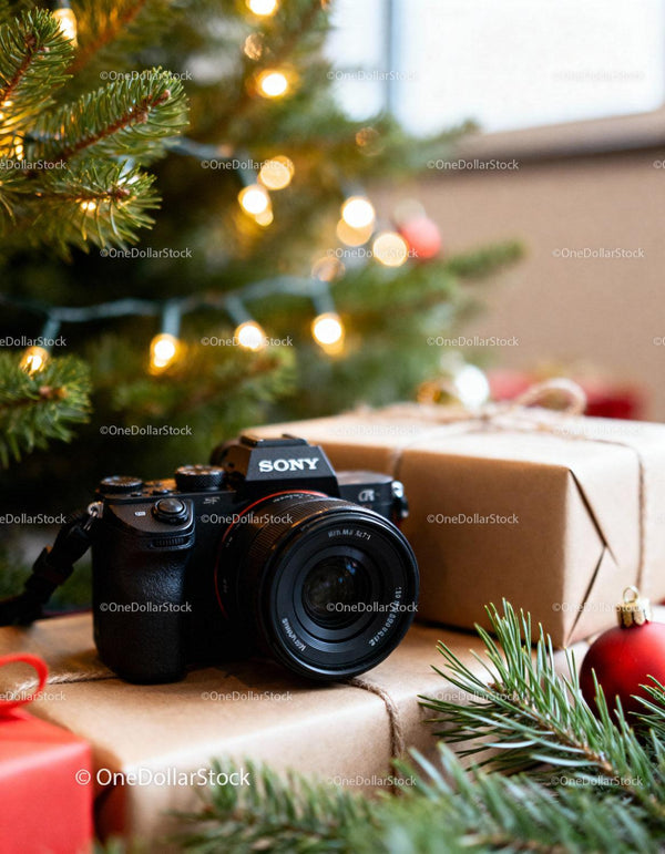 Sony Camera on Wrapped Gifts Near Festive Christmas Tree