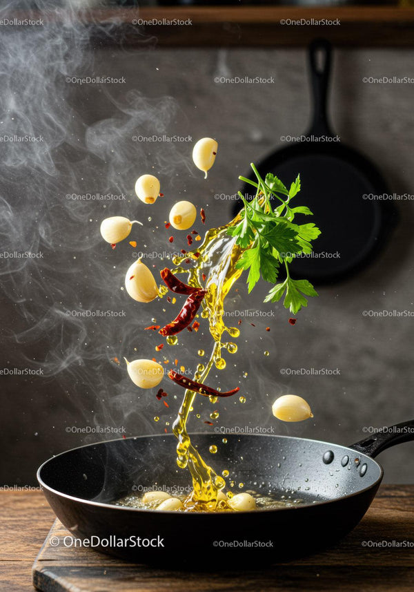 Fresh garlic and herbs splashing in hot skillet