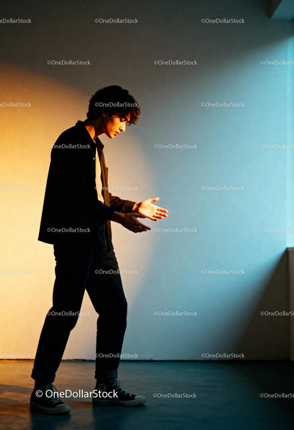 Young man expressing emotions in dramatic light contrast