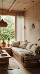 Cozy wooden living room with large window and plants
