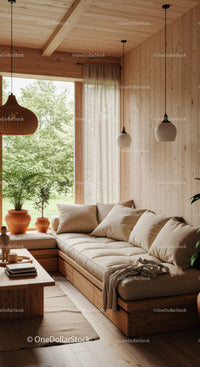 Cozy wooden living room with large window and plants