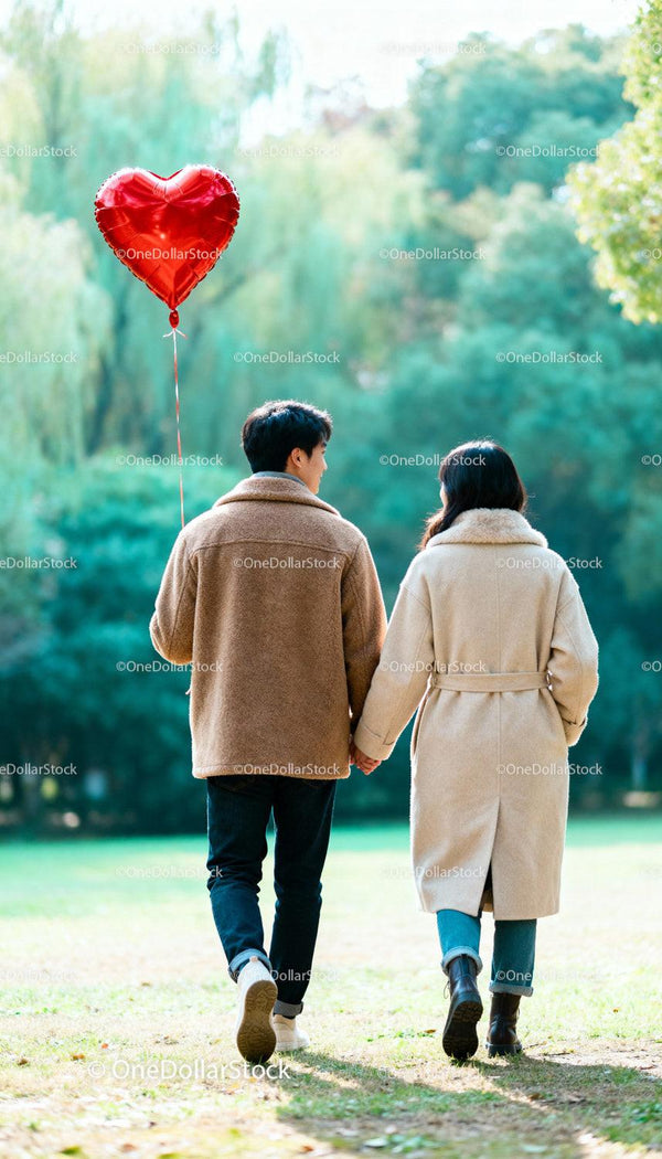 Couple holding hands walking with red heart balloon