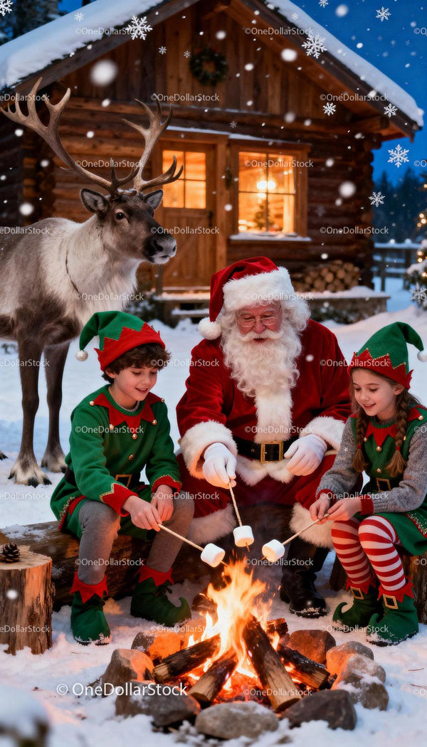 Santa and Elves Roasting Marshmallows by Cozy Cabin Fire