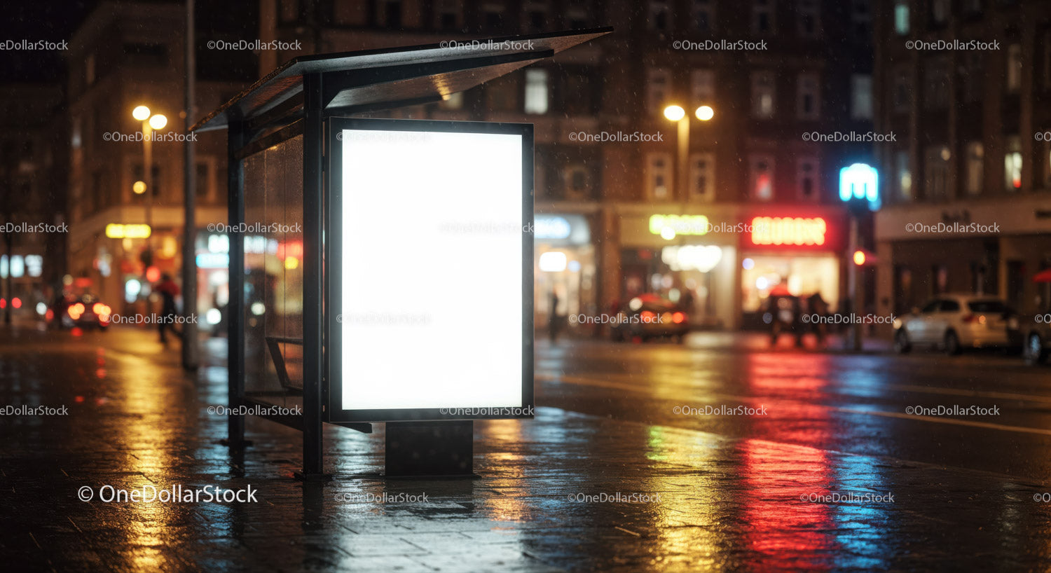 Empty Bus Shelter with Bright Advertising Screen on Night City Street