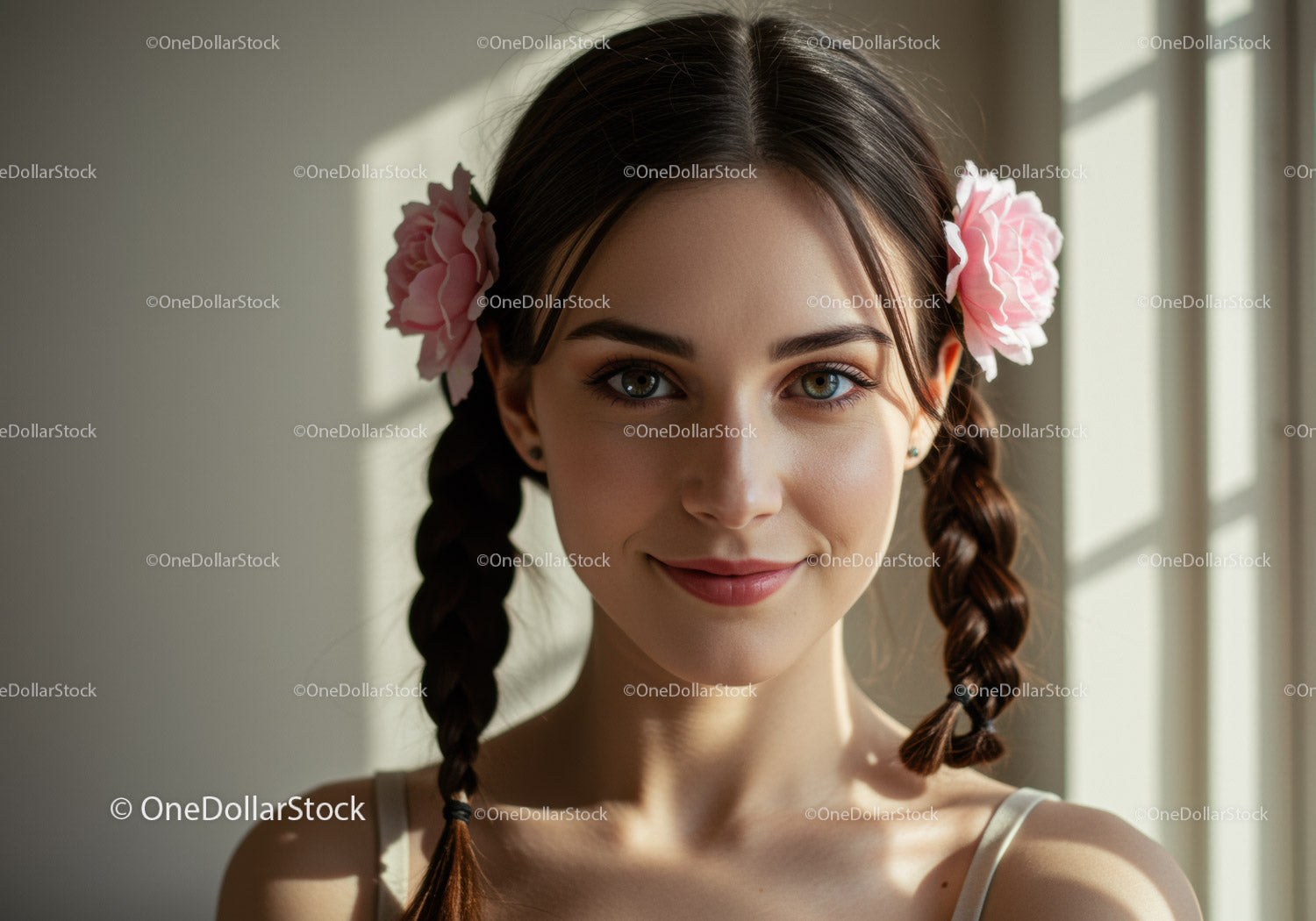 Portrait of a Young Woman with Braided Hair and Pink Flower Accessories in Sunlight
