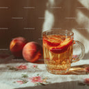 Fresh Peach Fruit Drink in Glass Cup on Wooden Table