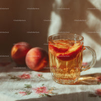 Fresh Peach Fruit Drink in Glass Cup on Wooden Table