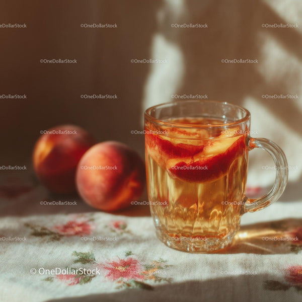 Fresh Peach Fruit Drink in Glass Cup on Wooden Table