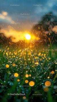 Morning Dew on Grass with Sunlight and Bokeh Effect