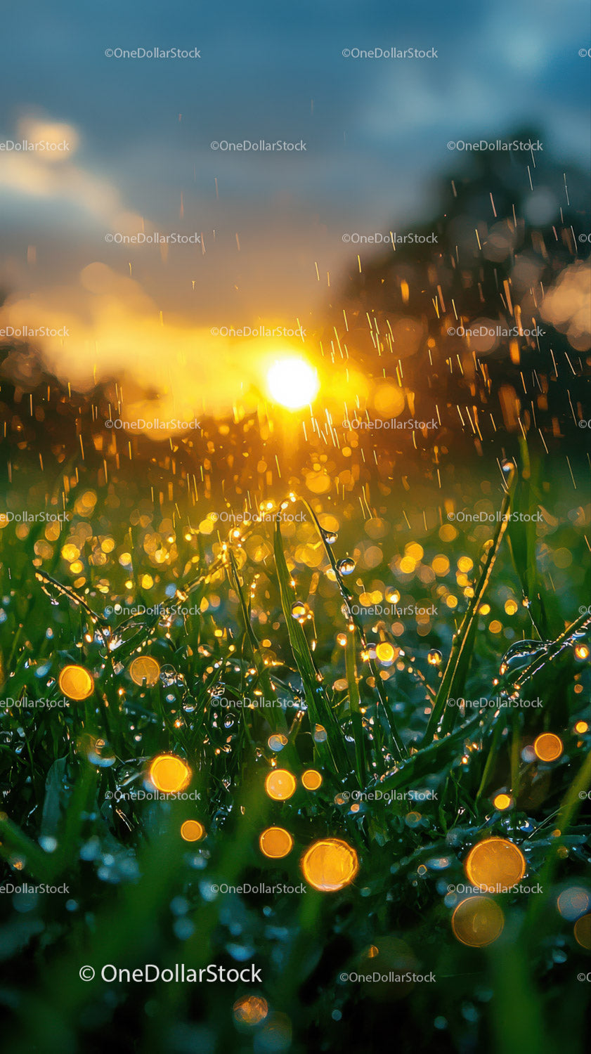 Morning Dew on Grass with Sunlight and Bokeh Effect