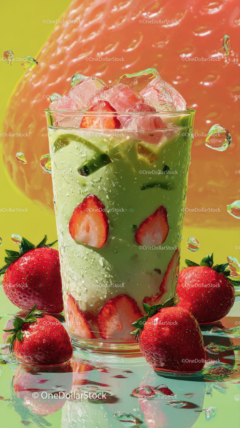 Refreshing Strawberry and Cucumber Green Smoothie with Ice Cubes
