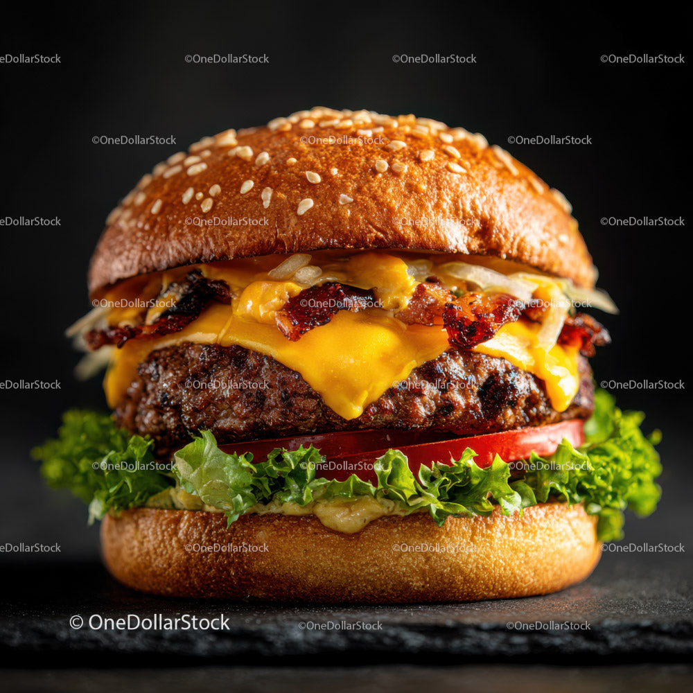 Juicy Cheeseburger with Bacon and Lettuce in a Sesame Bun