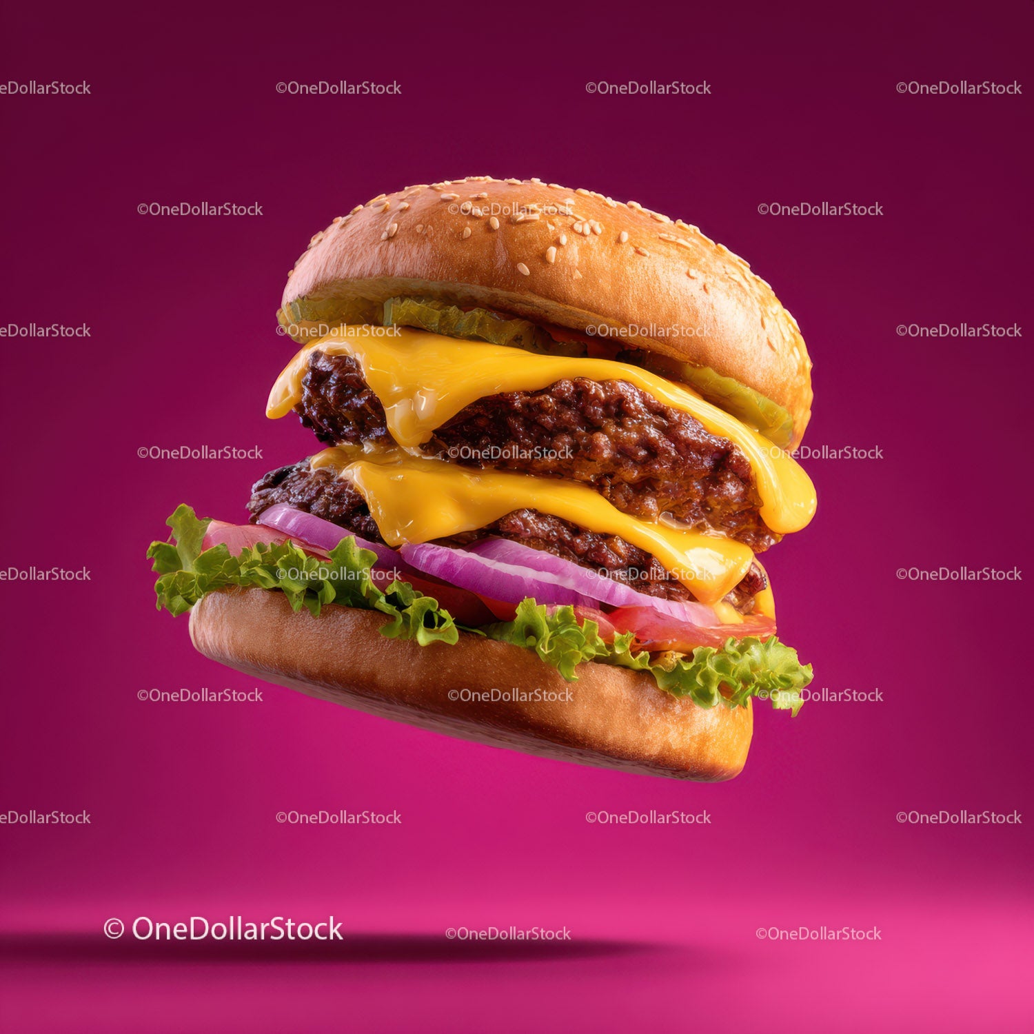 Gourmet Cheeseburger with Lettuce, Pickles, and Melted Cheese