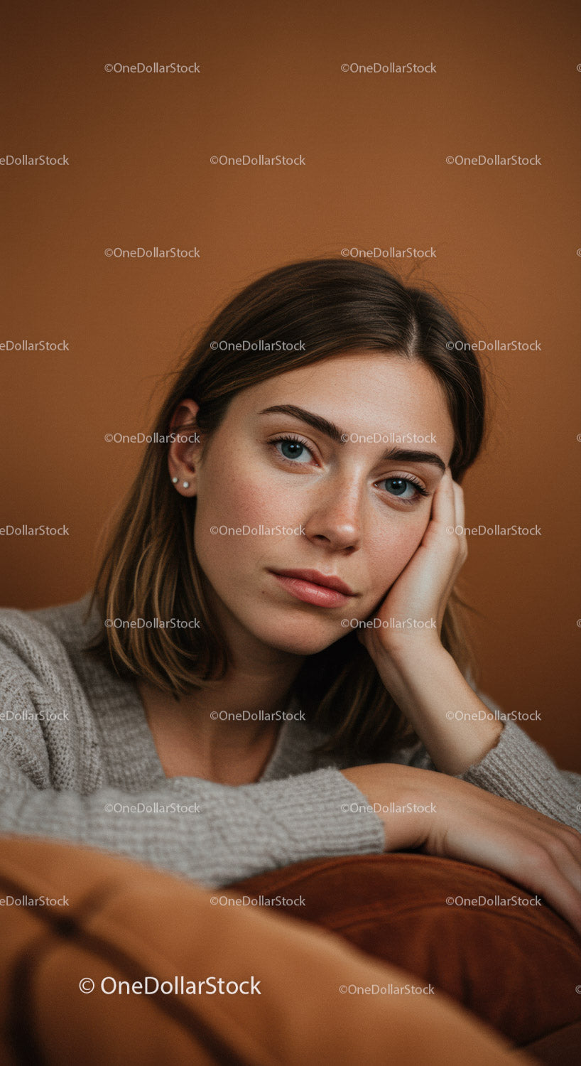 Close-up Portrait of a Thoughtful Young Woman with Blue Eyes