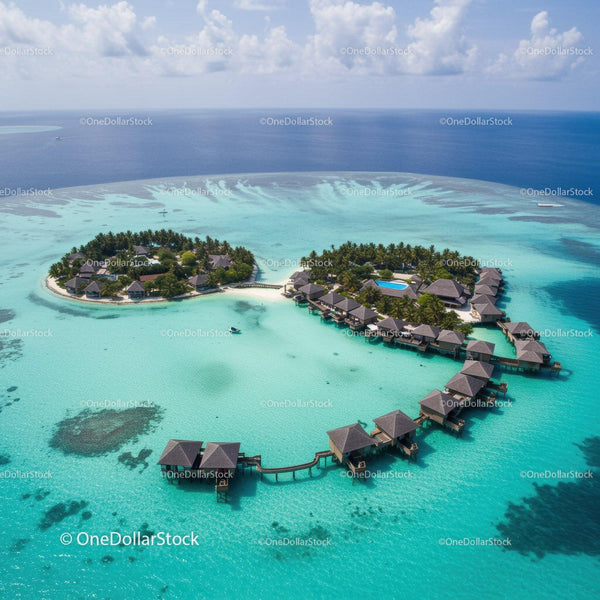 Overwater Bungalows Surrounded by Turquoise Ocean and Clear Sky