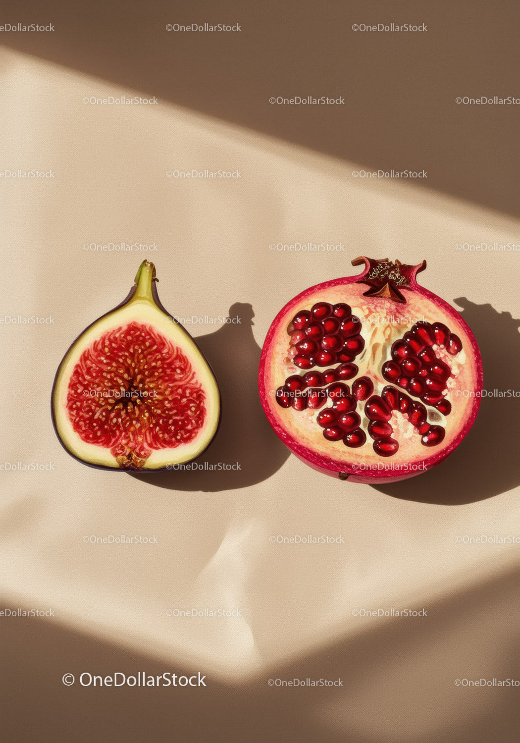 Cut fig and pomegranate on soft beige surface