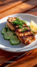 Grilled Salmon with Cucumber and Lemon on White Plate