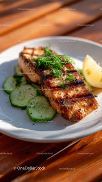 Grilled Salmon with Cucumber and Lemon on White Plate