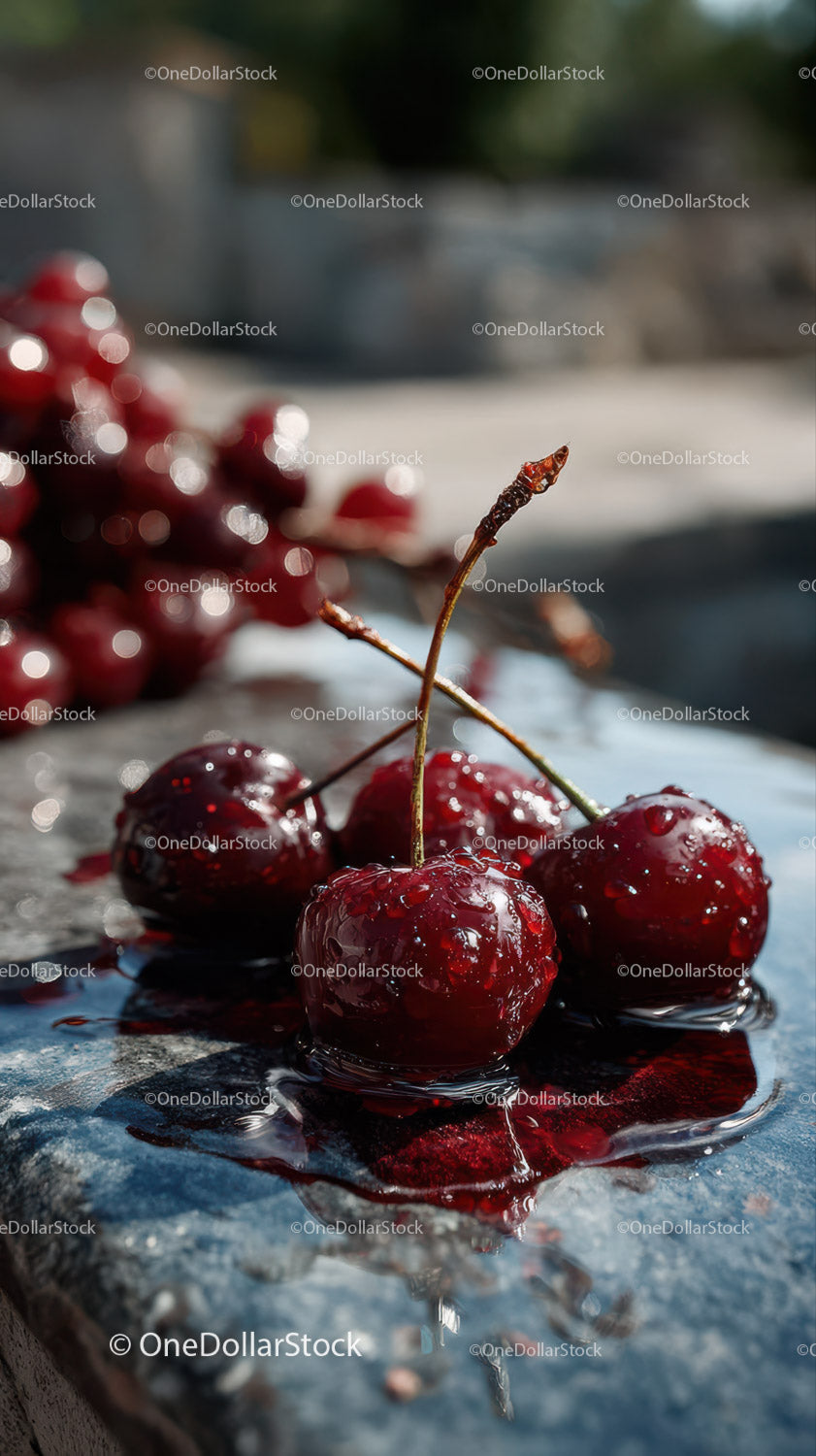 Close-up of Juicy Red Cherries with Water Droplets on Surface