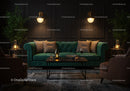 Cozy living room with green velvet sofa and ambient lighting