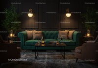 Cozy living room with green velvet sofa and ambient lighting