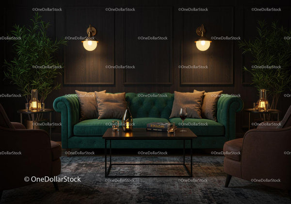 Cozy living room with green velvet sofa and ambient lighting