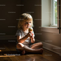 Young child enjoying ice cream by a sunny window