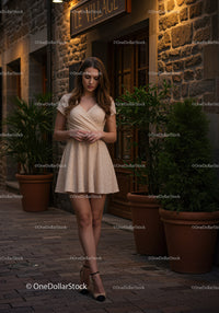 Elegant Young Woman in Beige Dress Standing on Cobblestone Street