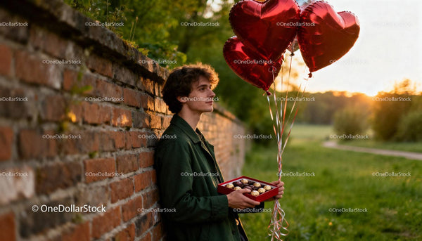 Młody mężczyzna trzymający czekoladki i balony w kształcie serc na zewnątrz