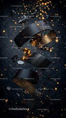 Dynamic Silver Ribbon with Glowing Gold Particles in Dark Background