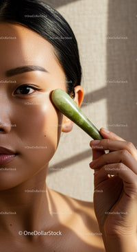Young Asian Woman Using Jade Roller for Skin Rejuvenation