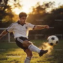 Focused soccer player kicking ball at sunset