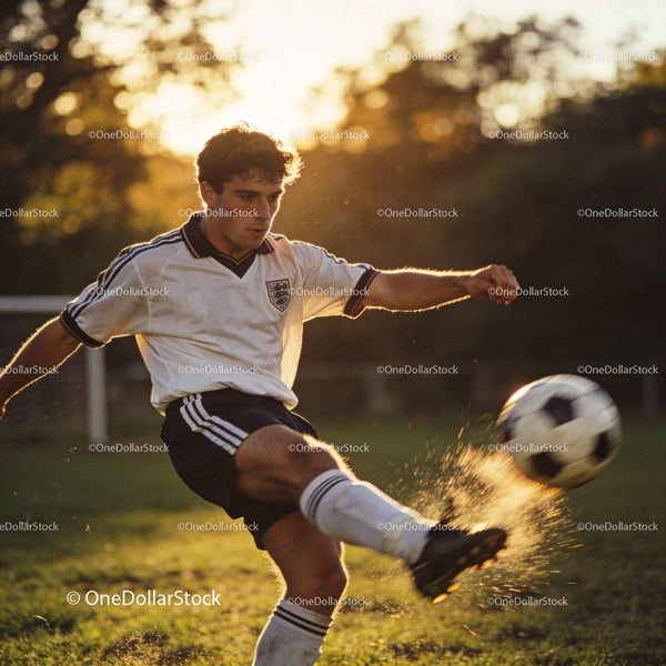 Focused soccer player kicking ball at sunset