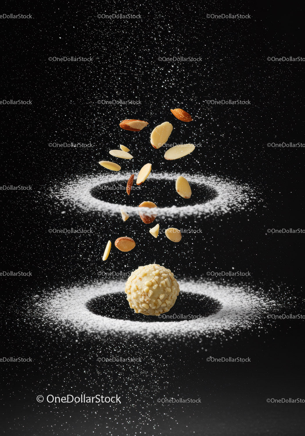 Almond coated dessert ball with floating nut slices