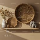 Woven baskets and decor on beige wall shelf