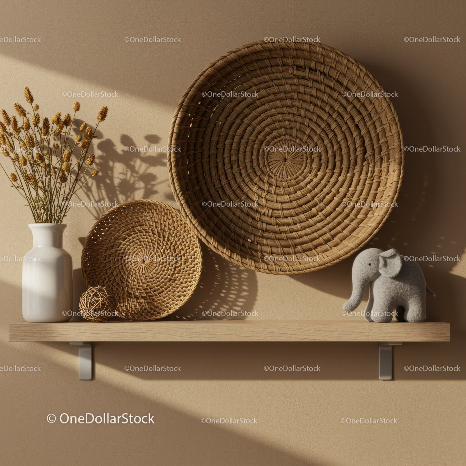 Woven baskets and decor on beige wall shelf