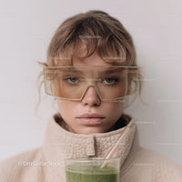 Young Boy with Glasses and Green Smoothie in a Casual Indoor Setting