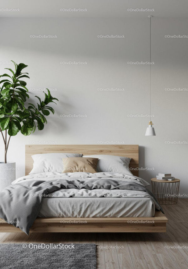 Minimalistyczna sypialnia z drewnianą ramą łóżka i rośliną doniczkową