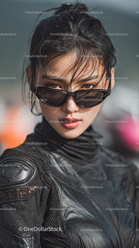 Fashionable Female Model in Black Attire and Sunglasses