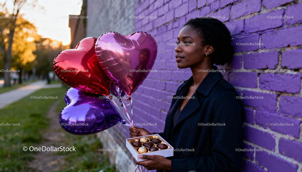 Woman Holding Heart Balloons and Chocolates Outdoors