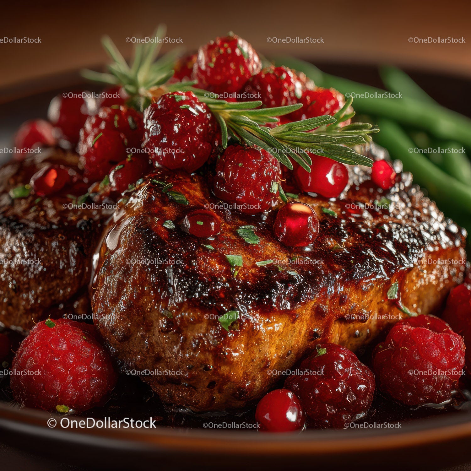 Juicy Grilled Steak with Red Berries and Herb Garnish
