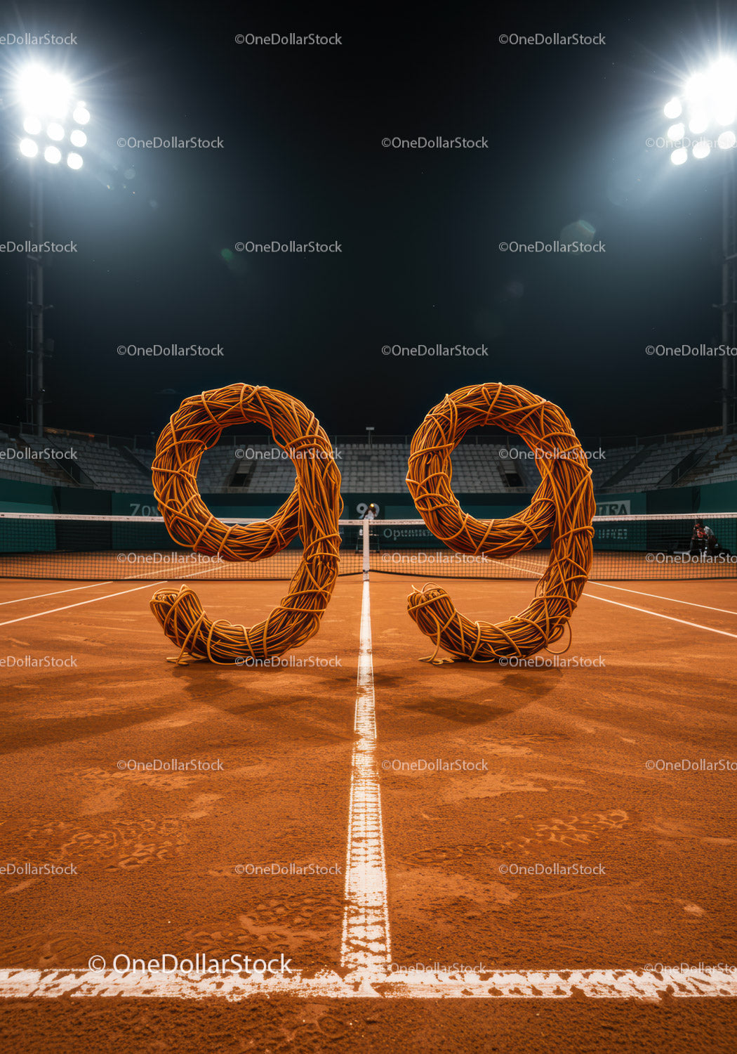 Number 99 made of tennis cords on clay court