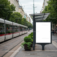 Modern tram station with green plants in urban setting