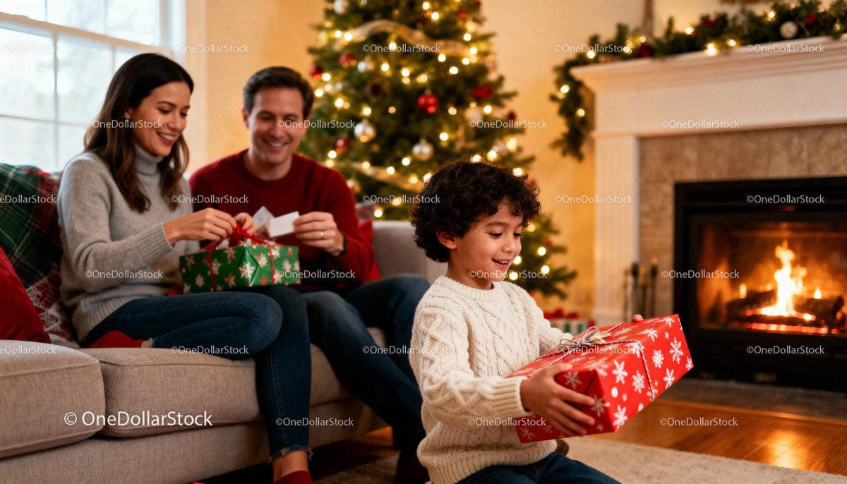 Family enjoying Christmas gifts by cozy fireplace