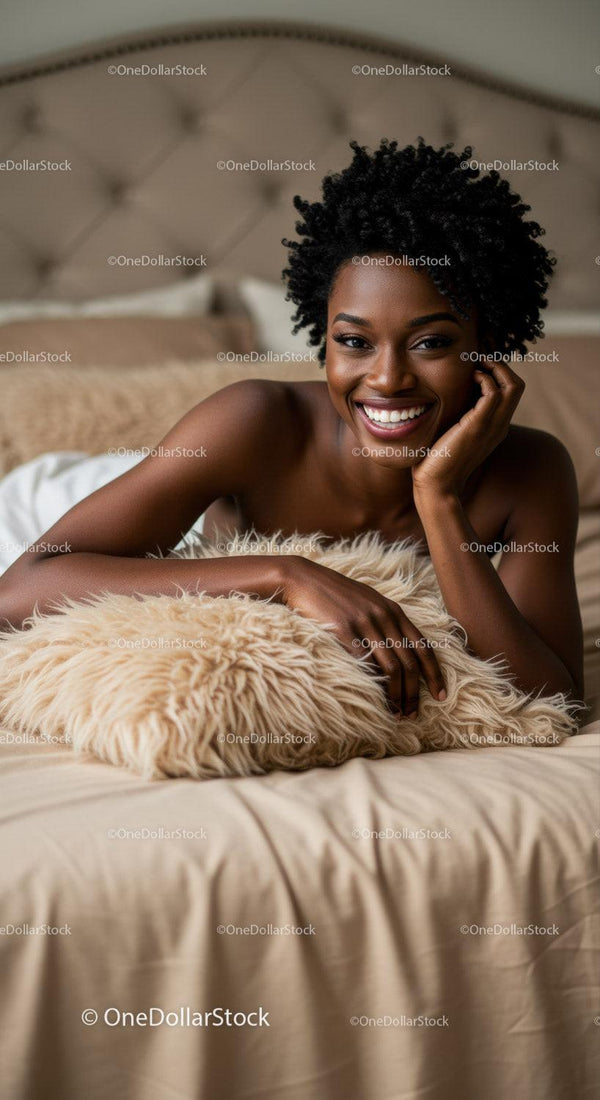 Smiling woman relaxing on bed with cozy fur pillow