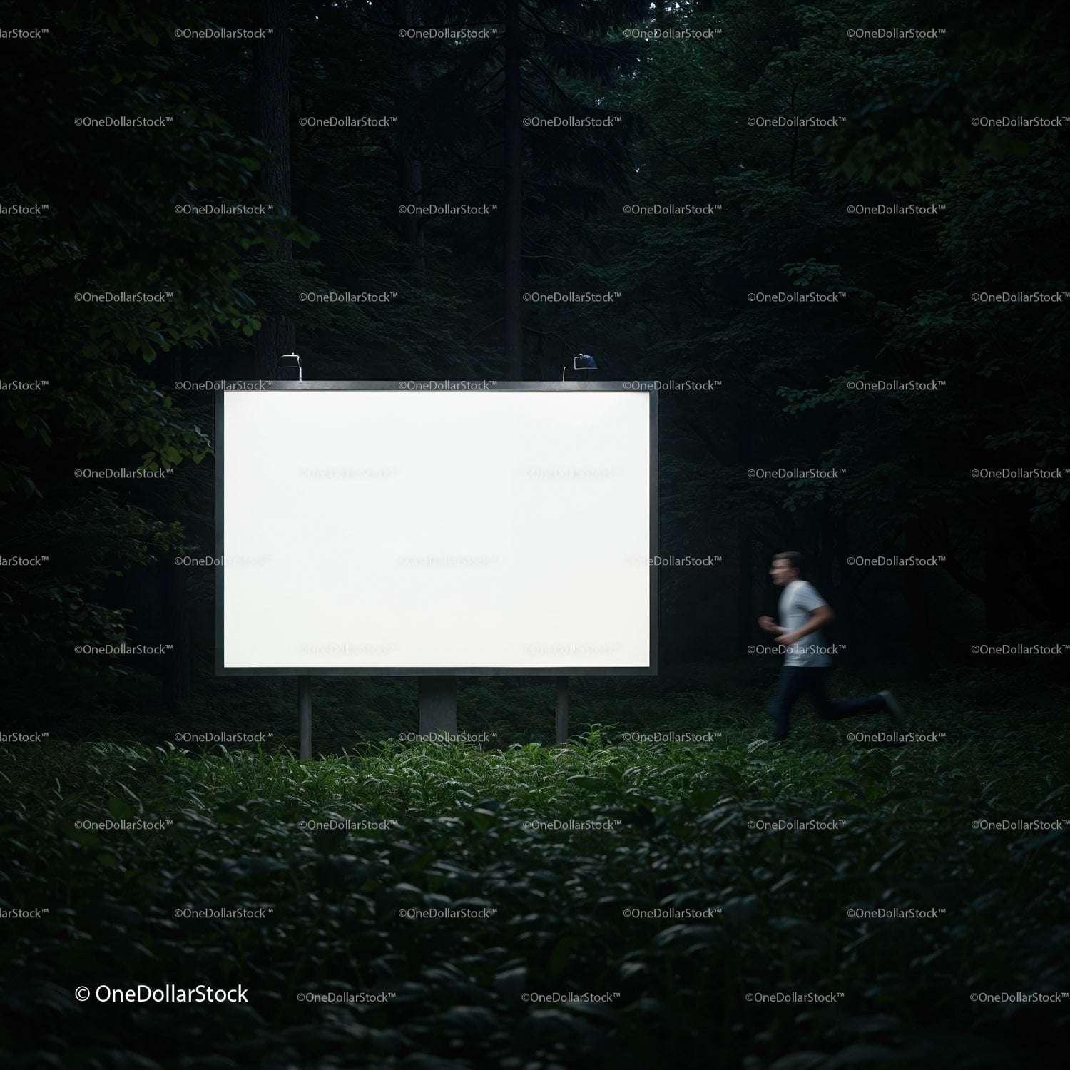 Biegacz mijający dużą, podświetloną tablicę reklamową w lesie