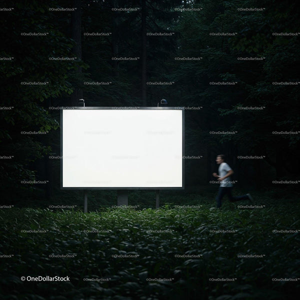 Runner Passing a Large Illuminated Billboard in Forest JPG Mockup Image